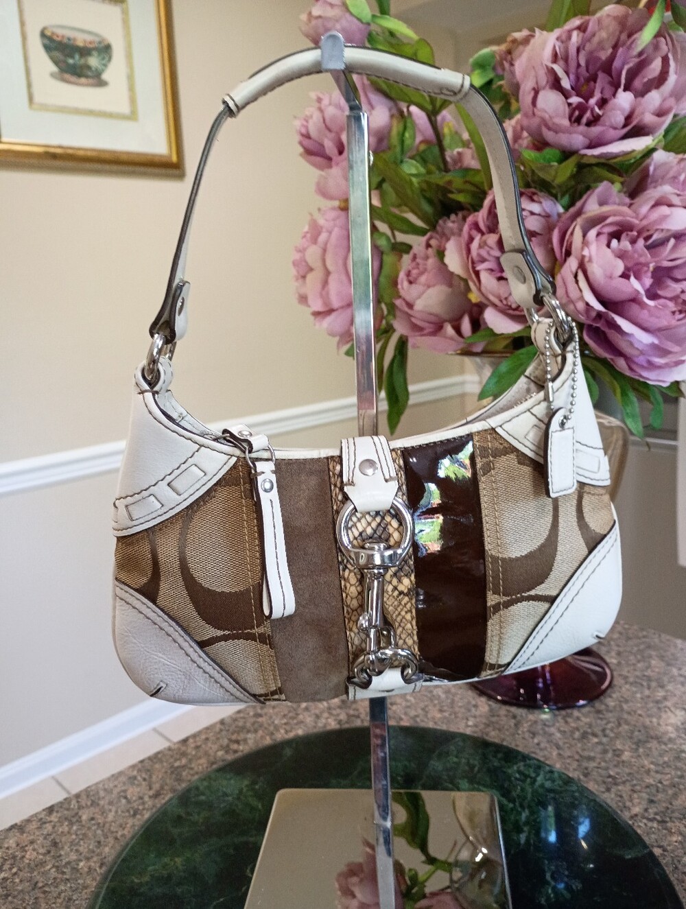 Coach Brown Signature Canvas Shoulder Bag with White Trim